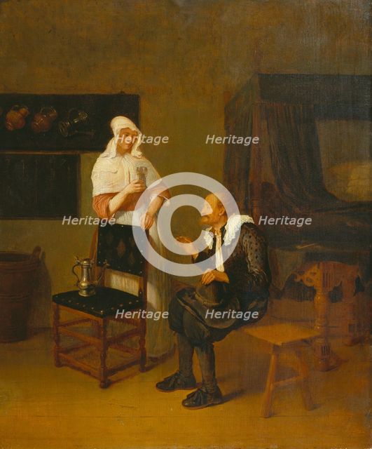 Scene at an Inn with elderly Guest and servant Maid, 1661. Creator: Gerritsz Quiringh van Brekelenkam.