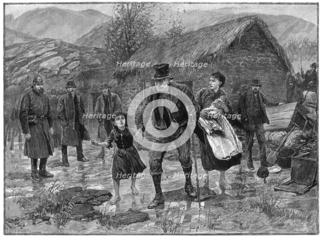 Scene at an Irish eviction in County Kerry, 1887. Artist: P Naumann
