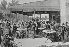 Scene at Retiro Park, featuring elegantly dressed people enjoying the afternoon, Madrid, Spain,1883. Creator: Bernardo Rico