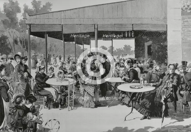 Scene at Retiro Park, featuring elegantly dressed people enjoying the afternoon, Madrid, Spain,1883. Creator: Bernardo Rico.