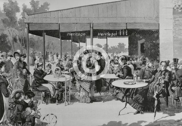 Scene at Retiro Park, featuring elegantly dressed people enjoying the afternoon, Madrid, Spain,1883. Creator: Bernardo Rico.