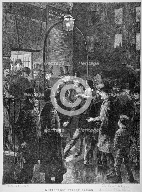 Scene at Whitecross Street Prison showing a release of prisoners, London, 1870.      Artist: Anon