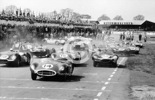 Scene at the start of a sports car race, Silverstone, Northamptonshire, (late 1950s?). Artist: Maxwell Boyd