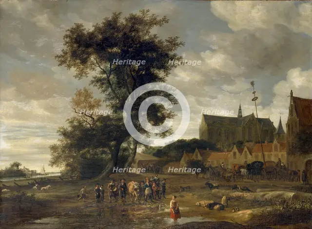 Scene before a Maypole with Alkmaar Church in the Background, 1669. Artist: Salomon Ruysdael.