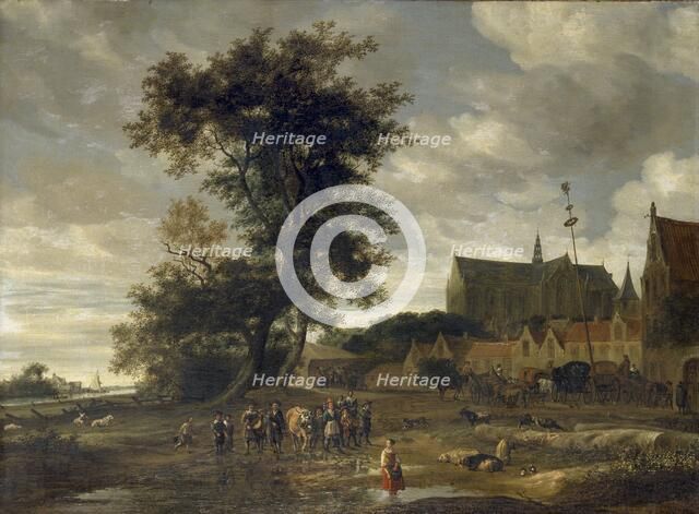 Scene before a Maypole with Alkmaar Church in the Background, 1669. Artist: Salomon Ruysdael.