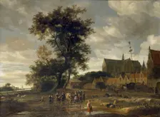 Scene before a Maypole with Alkmaar Church in the Background, 1669. Artist: Salomon Ruysdael