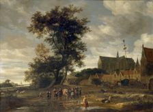 Scene before a Maypole with Alkmaar Church in the Background, 1669. Artist: Salomon Ruysdael