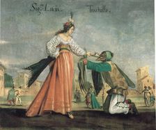 Scene from the Commedia dell'Arte: Signora Lucia and Trastullo. Creator: Anonymous