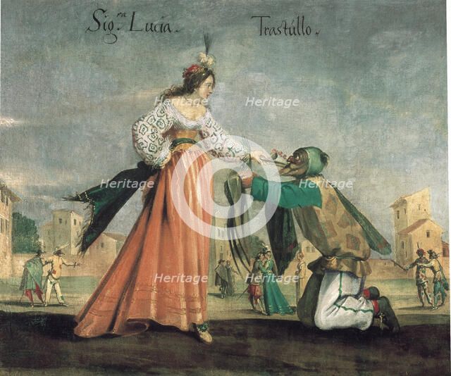Scene from the Commedia dell'Arte: Signora Lucia and Trastullo. Creator: Anonymous.