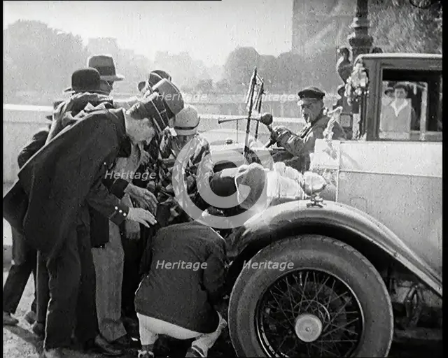 Scene from the Film 'The Compulsory Husband': The Actor Monty Banks  Causes an Accident..., 1920s. Creator: British Pathe Ltd.