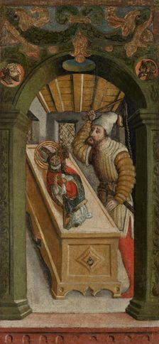 Scene from the Legend of St Nicholas-Jew Flogging a Figure of the Saint..., 1st half of 16th cent. Creator: Unknown