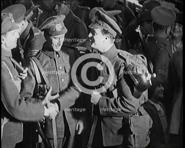 Scene from the Short Silent Feature Film 'Poppies of Flanders'. A Group of Male Actors..., 1920s. Creator: British Pathe Ltd.
