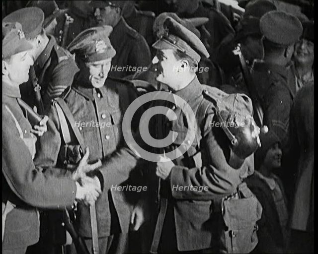 Scene from the Short Silent Feature Film 'Poppies of Flanders'. A Group of Male Actors..., 1920s. Creator: British Pathe Ltd.