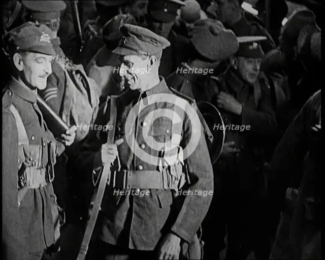 Scene from the Short Silent Feature Film 'Poppies of Flanders'. A Group of Male Actors..., 1920s. Creator: British Pathe Ltd.