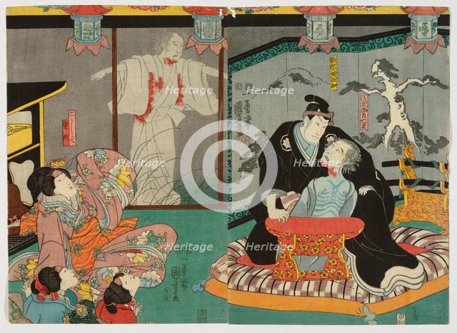 Scene from the play "Higashiyama sakura soshi" at the Nakamura Theater, 1851. Creator: Utagawa Kuniyoshi.