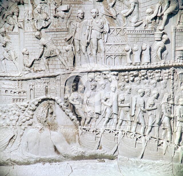 Scene from Trajan's column, River Tiber personified and pontoon bridge, 2nd century. Artist: Unknown