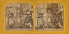 Scene from a play: woman dressed as a pig sweeping with another woman dressed as a bird, 1860s. Creator: Adolphe Block