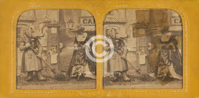 Scene from a play: woman dressed as a pig sweeping with another woman dressed as a bird, 1860s. Creator: Adolphe Block.