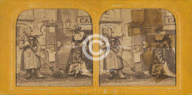 Scene from a play: woman dressed as a pig sweeping with another woman dressed as a bird, 1860s. Creator: Adolphe Block.