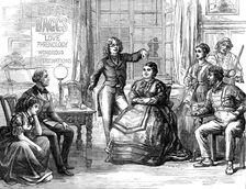 Scene from "Apple Blossoms," at the Vaudeville Theatre: the Great Baggs lecturing, 1871. Creator: Unknown