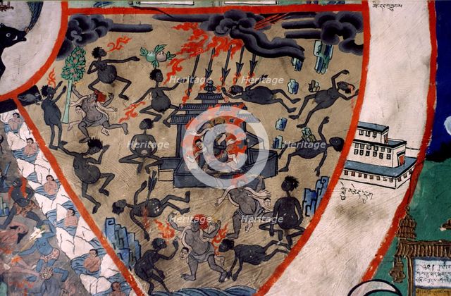 Scene from Hell, wall painting, Ladakh, India, 1988. Creator: Amanda Waite.