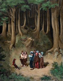 Scene from "Hop-o'-My-Thumb" - the children realise that they are lost in the forest, c1862. Creator: Gustave Doré