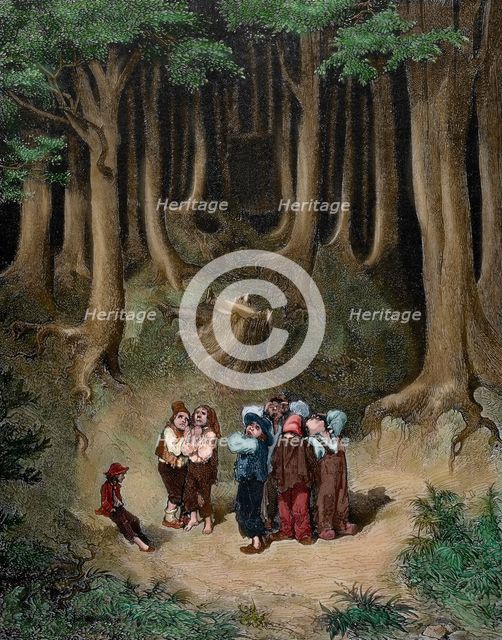 Scene from "Hop-o'-My-Thumb" - the children realise that they are lost in the forest, c1862.  Creator: Gustave Doré.