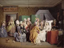 Scene from Ludwig Holberg's The Lying-in Room, 1845. Creator: Wilhelm Marstrand