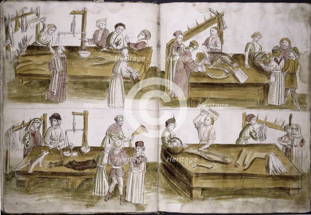Scene from market life with butchers (from: Ulrich Richental Chronicle of the Council of Constance), 1414-1418. Artist: Anonymous  