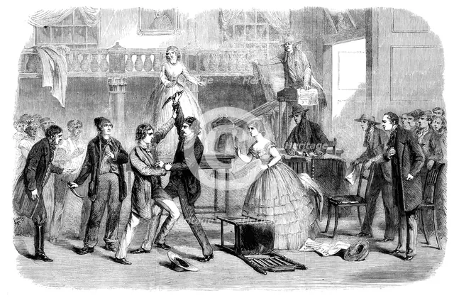 Scene from Mr. Boucicault's new drama at the Adelphi: the Slave Market - sale of the octoroon, 1861. Creator: Unknown.