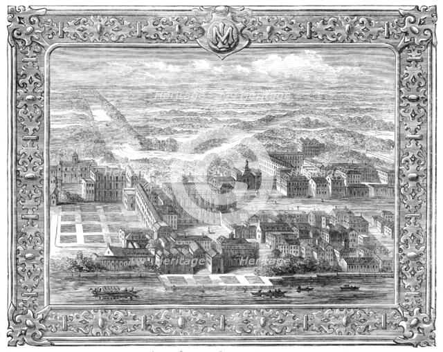 Scene from Mr. Mark Lemon's "About London": Whitehall as it appeared before the fire of 1691, (1862) Creator: Unknown.