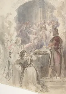 Scene from "My Aunt Margaret's Mirror" (Keepsake Story by Sir Walter Scott), ca. 1828. Creator: John William Wright