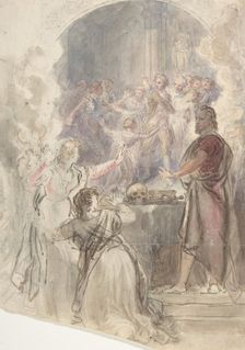 Scene from "My Aunt Margaret's Mirror" (Keepsake Story by Sir Walter Scott), ca. 1828. Creator: John William Wright