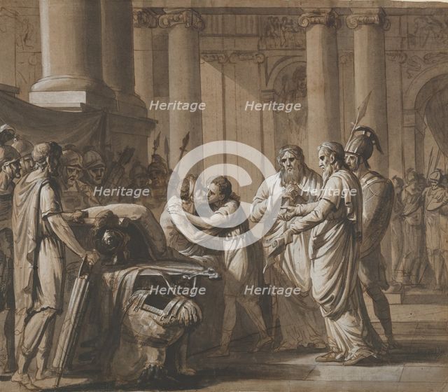 Scene from Roman History, depicting a Youth receiving Armor from a Dying..., late 18th-mid 19th cent Creator: Mathieu Van Brée.