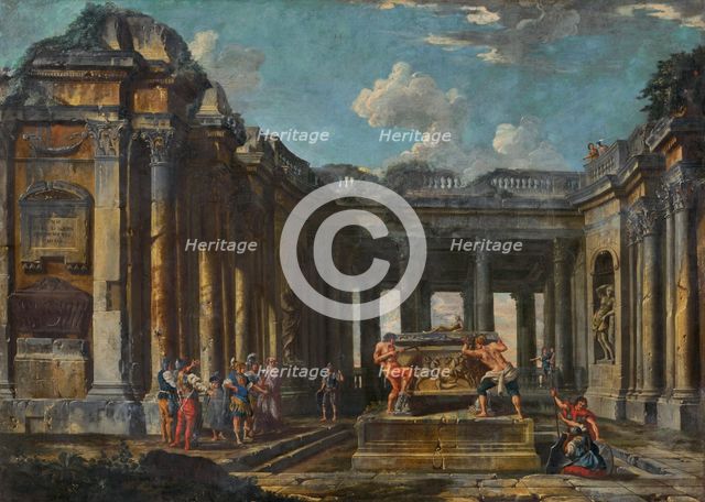 Scene from Roman history in antique ruins, 1730-1750. Creator: Circle of Giovanni Paolo Pannini.