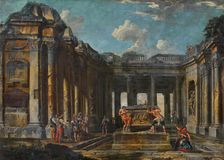 Scene from Roman history in antique ruins, 1730-1750. Creator: Circle of Giovanni Paolo Pannini