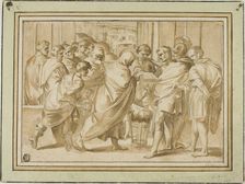 Scene from Roman History, with Draped Figure Presenting Book to Ruler, n.d. Creator: Unknown