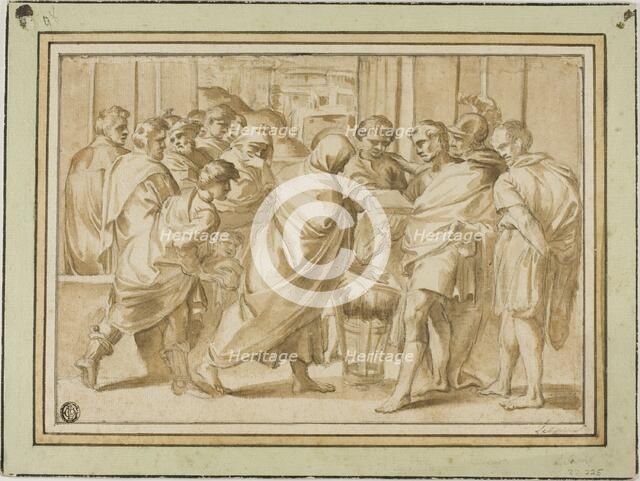 Scene from Roman History, with Draped Figure Presenting Book to Ruler, n.d. Creator: Unknown.
