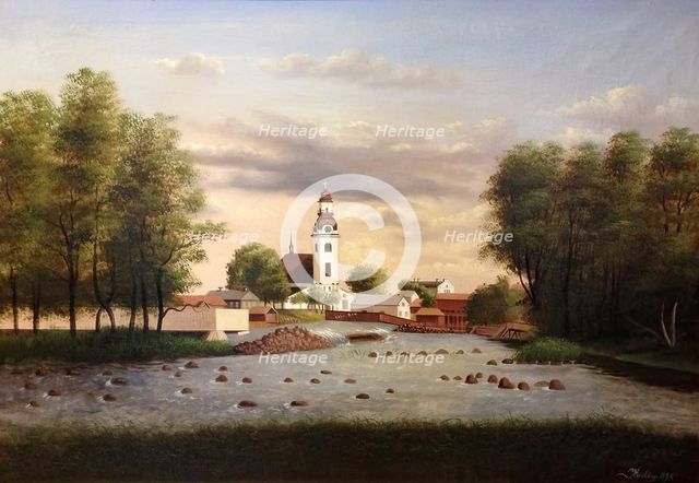 Scene in Gavle with Gavlean, Kallbadhus and Holy Trinity Church, 1890. Creator: Unknown.