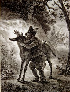 Scene in Don Quixote of La Mancha where Sancho finds his grey horse, French edition, Paris, 182…