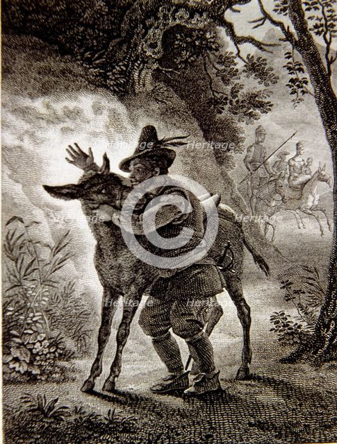 Scene in 'Don Quixote of La Mancha' where Sancho finds his grey horse, French edition, Paris, 182…