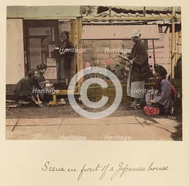 Scene in front of a Japanese house, about 1873-1883. Creator: Shinichi Suzuki I.