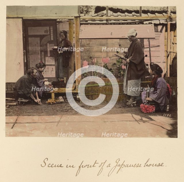 Scene in front of a Japanese house, about 1873-1883. Creator: Shinichi Suzuki I.