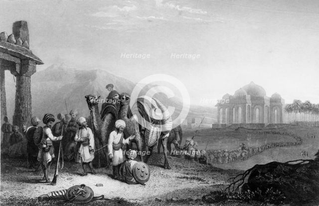 'Scene in Katteawar. - Travellers & Escort', 1845. Creator: Samuel Prout.