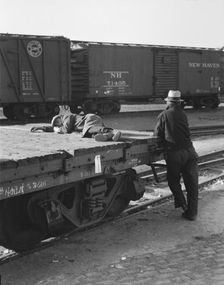 Scene in railroad yard, Sacramento, California, 1936. Creator: Dorothea Lange