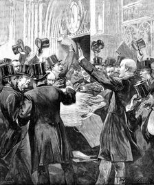 Scene in the Lobby, House of Commons: distributing Report of the Parnell Inquiry Commission, 1890. Creator: P Naumann