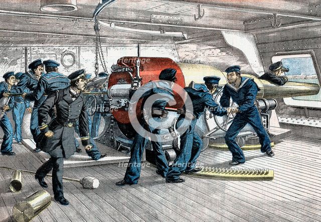 Scene on gun deck of a Japanese warship, Russo-Japanese War, 1904-5. Artist: Unknown