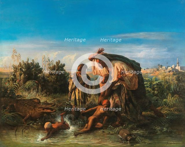 Scene on the Nile: a Family is Attacked by a Crocodile. Creator: Biard, François-August (1798-1882).