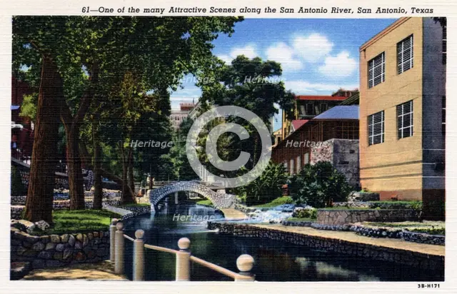 Scene on the San Antonio River, San Antonio, Texas, USA, 1943. Artist: Unknown