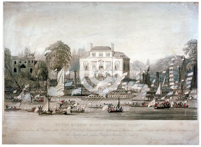Scene on the Thames at Brandenburgh House, Hammersmith, London, 1820. Artist: F Vincent